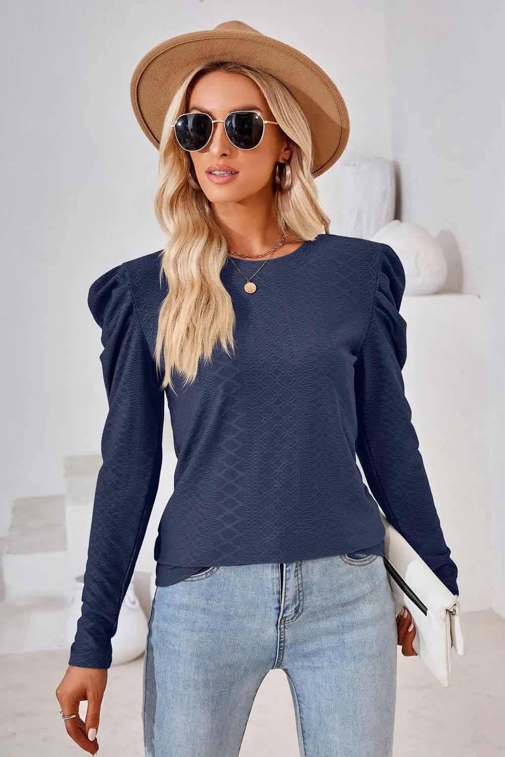 Round Neck Puff Sleeve Blouse Trendsi