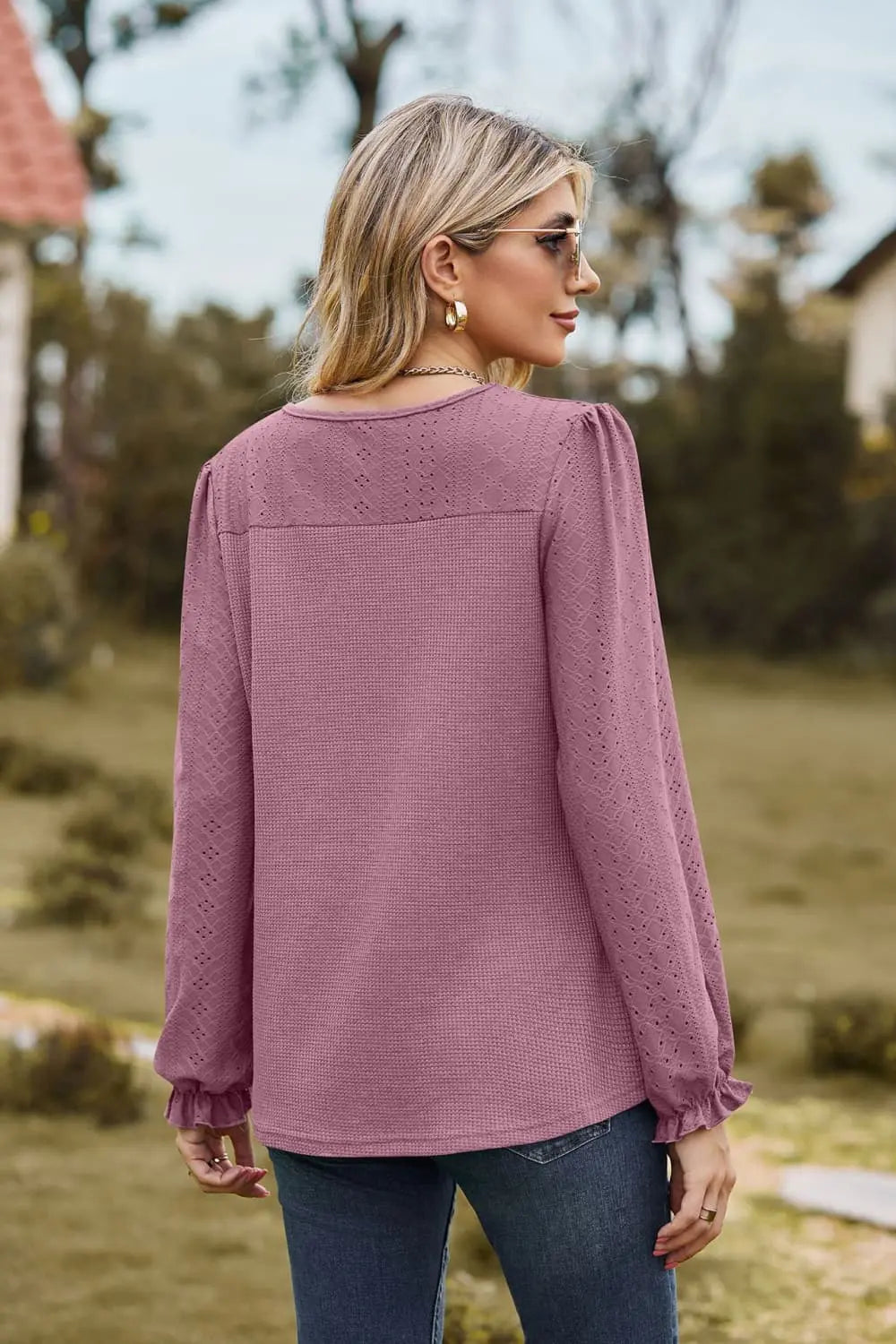 Round Neck Puff Sleeve Blouse Trendsi