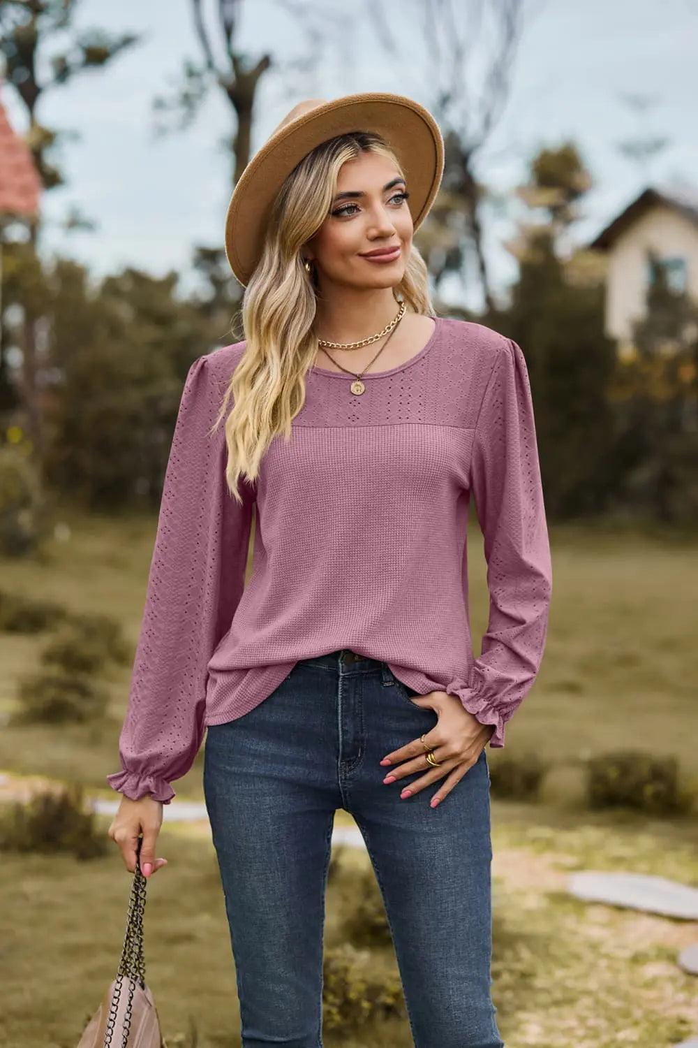 Round Neck Puff Sleeve Blouse Trendsi