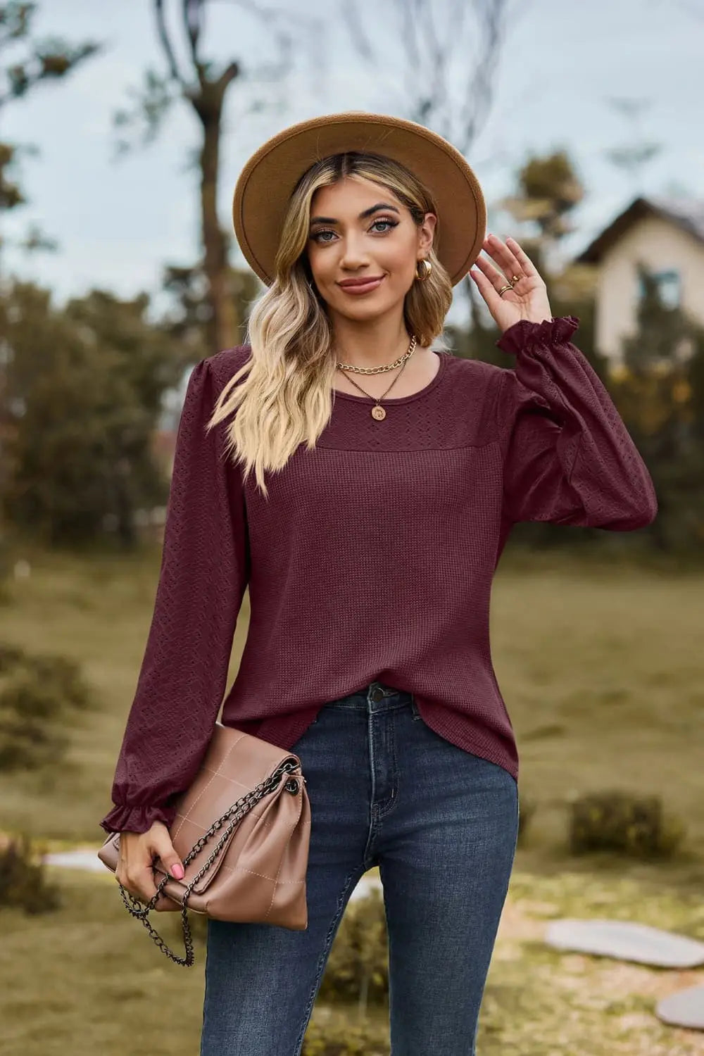 Round Neck Puff Sleeve Blouse Trendsi