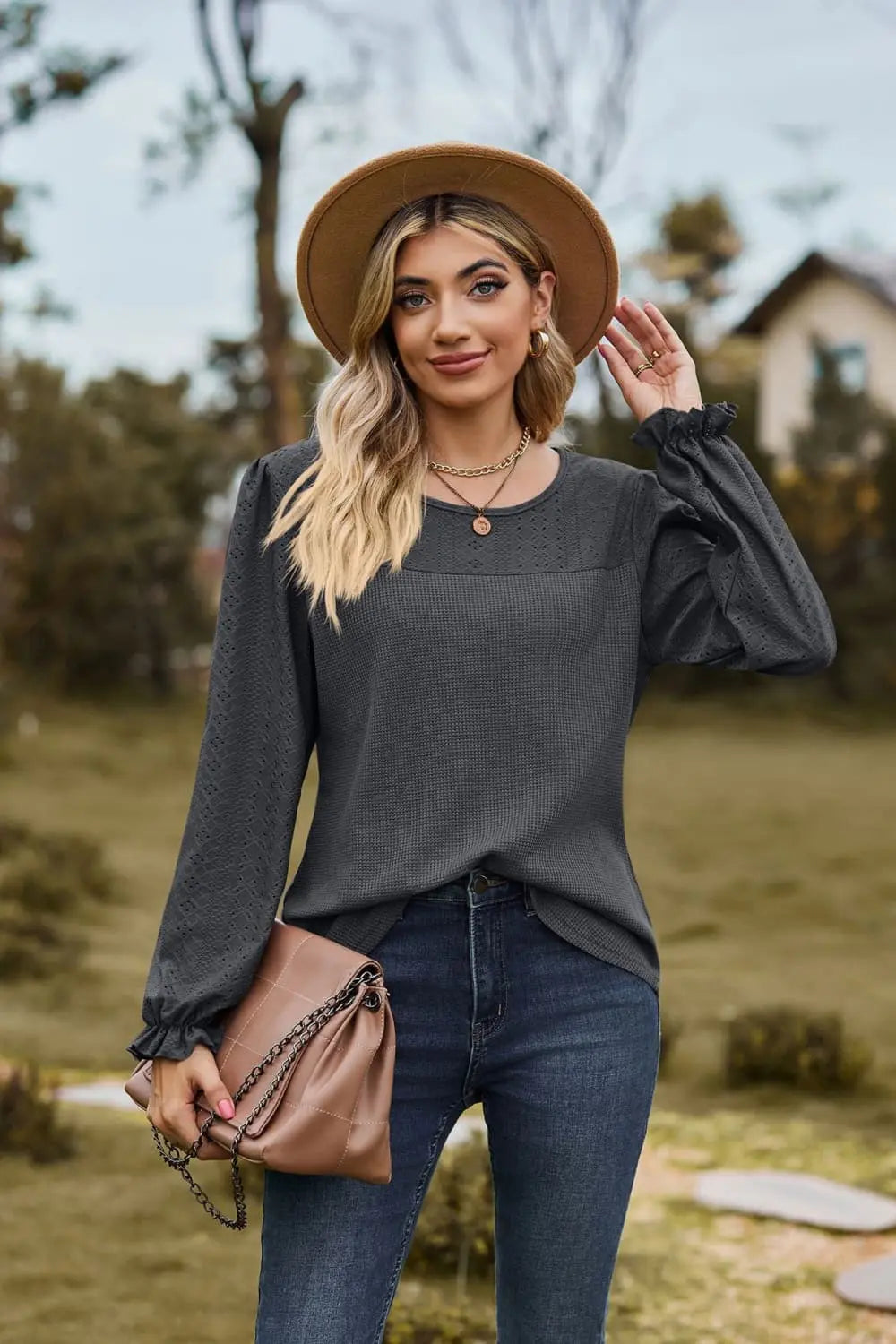 Round Neck Puff Sleeve Blouse Trendsi