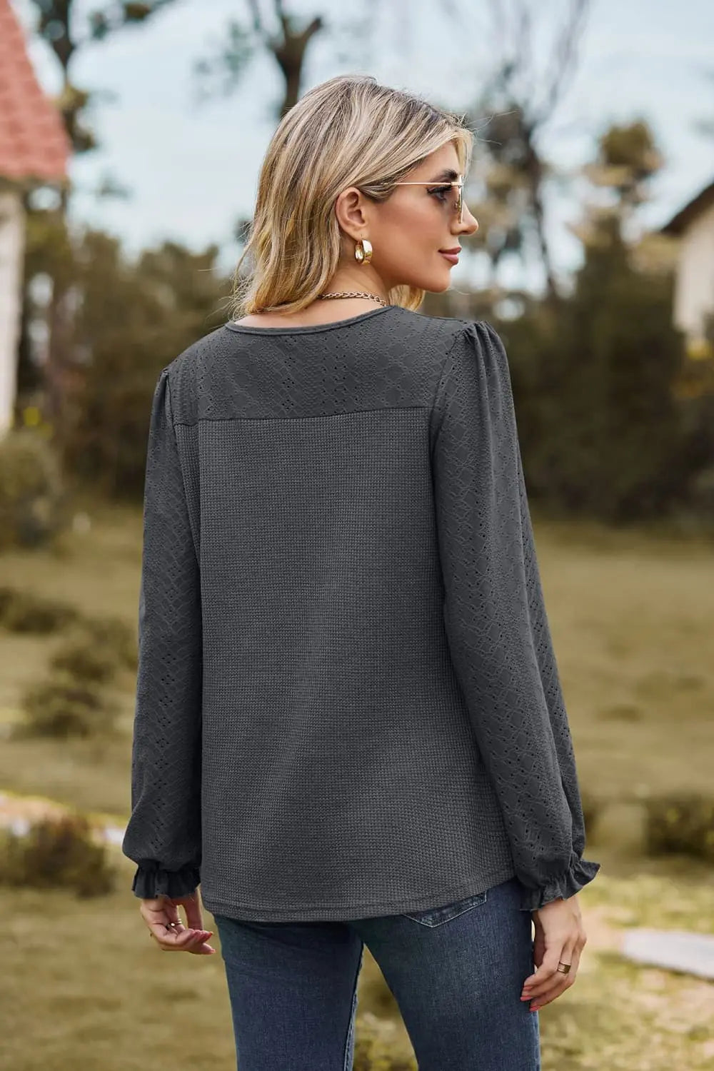 Round Neck Puff Sleeve Blouse Trendsi