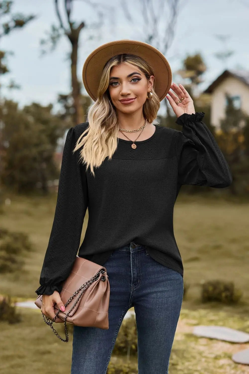 Round Neck Puff Sleeve Blouse Trendsi