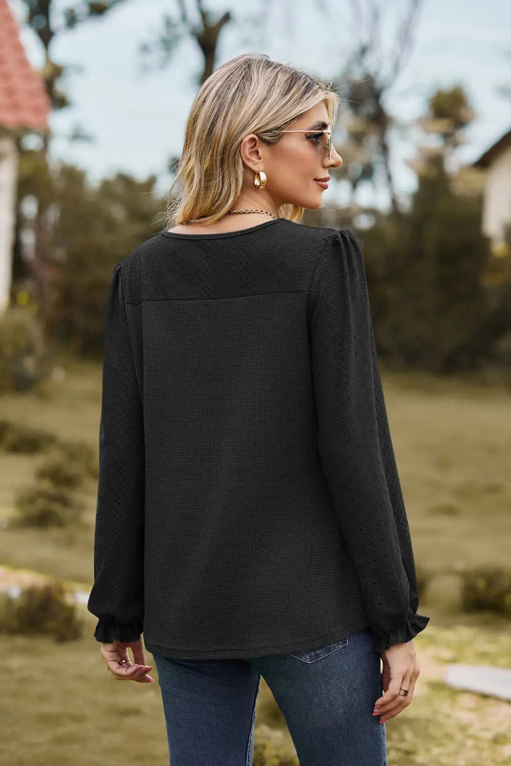 Round Neck Puff Sleeve Blouse Trendsi