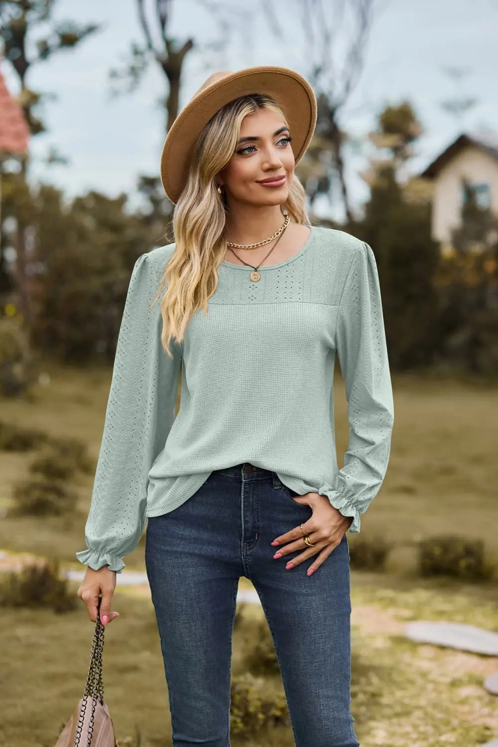 Round Neck Puff Sleeve Blouse Trendsi