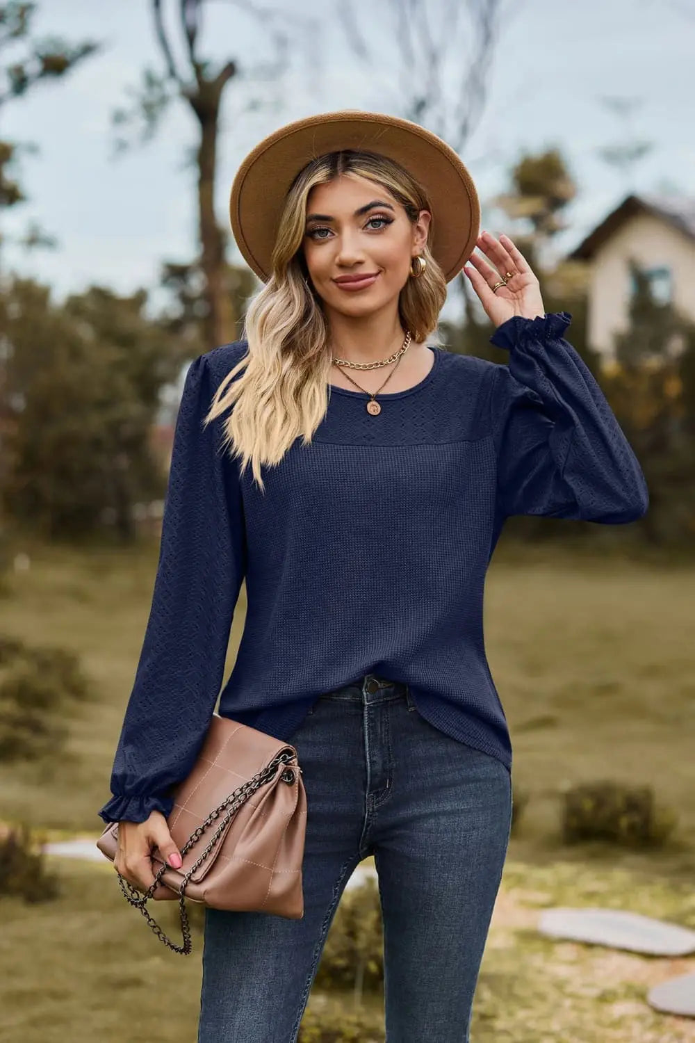 Round Neck Puff Sleeve Blouse Trendsi