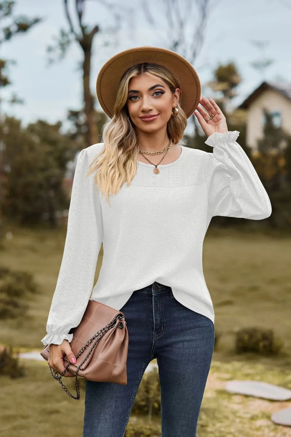 Round Neck Puff Sleeve Blouse Trendsi