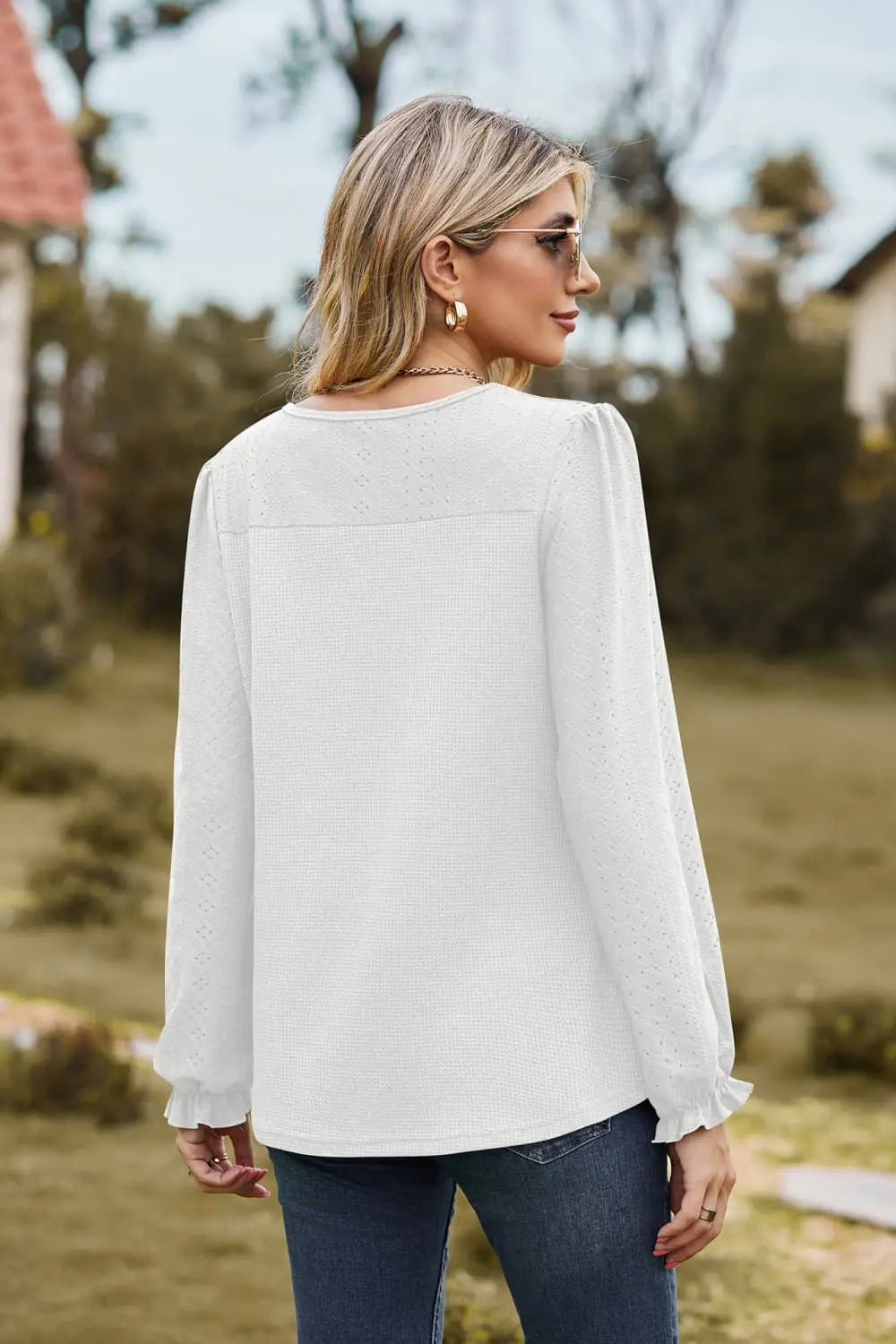 Round Neck Puff Sleeve Blouse Trendsi