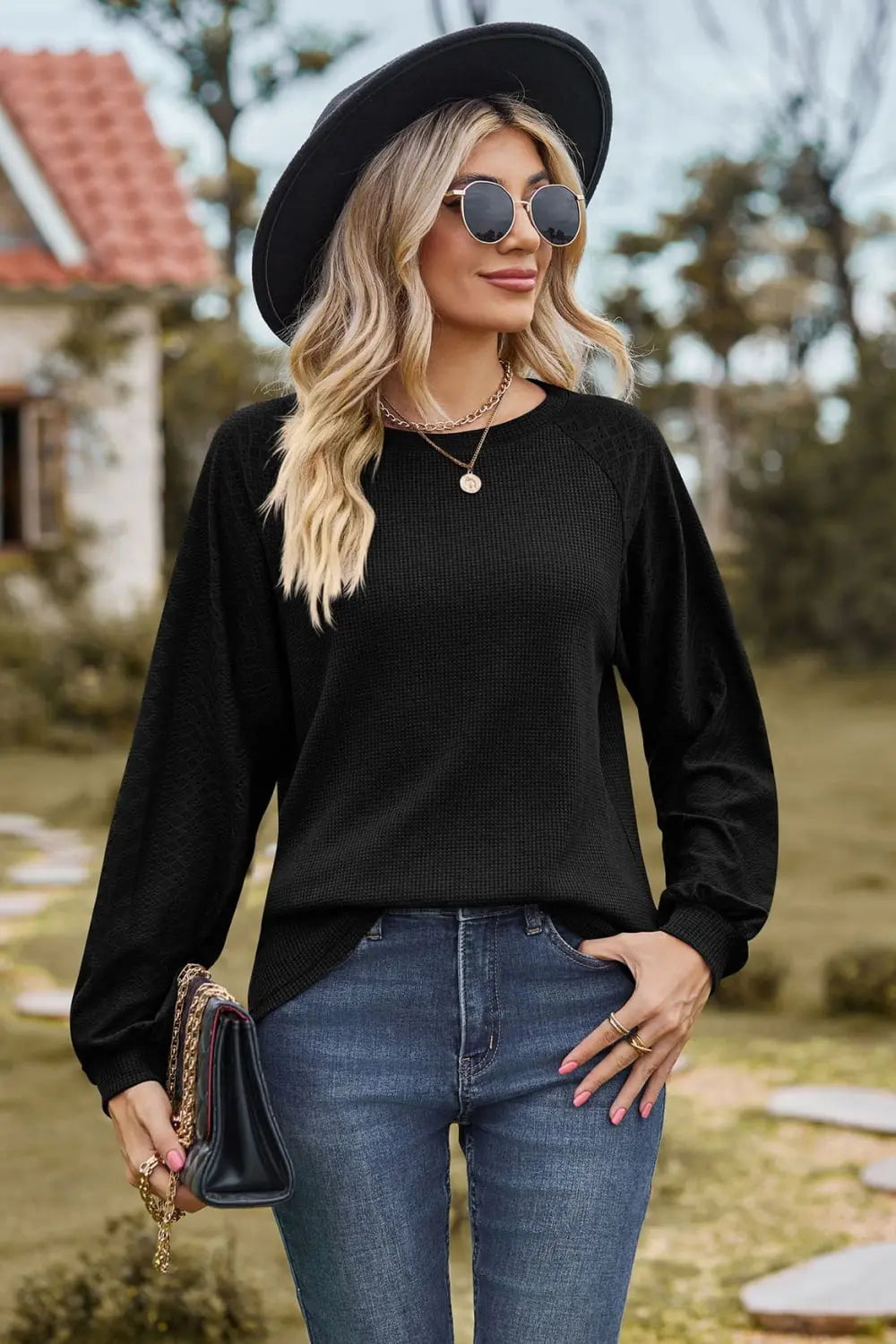 Round Neck Raglan Sleeve Sweatshirt Trendsi