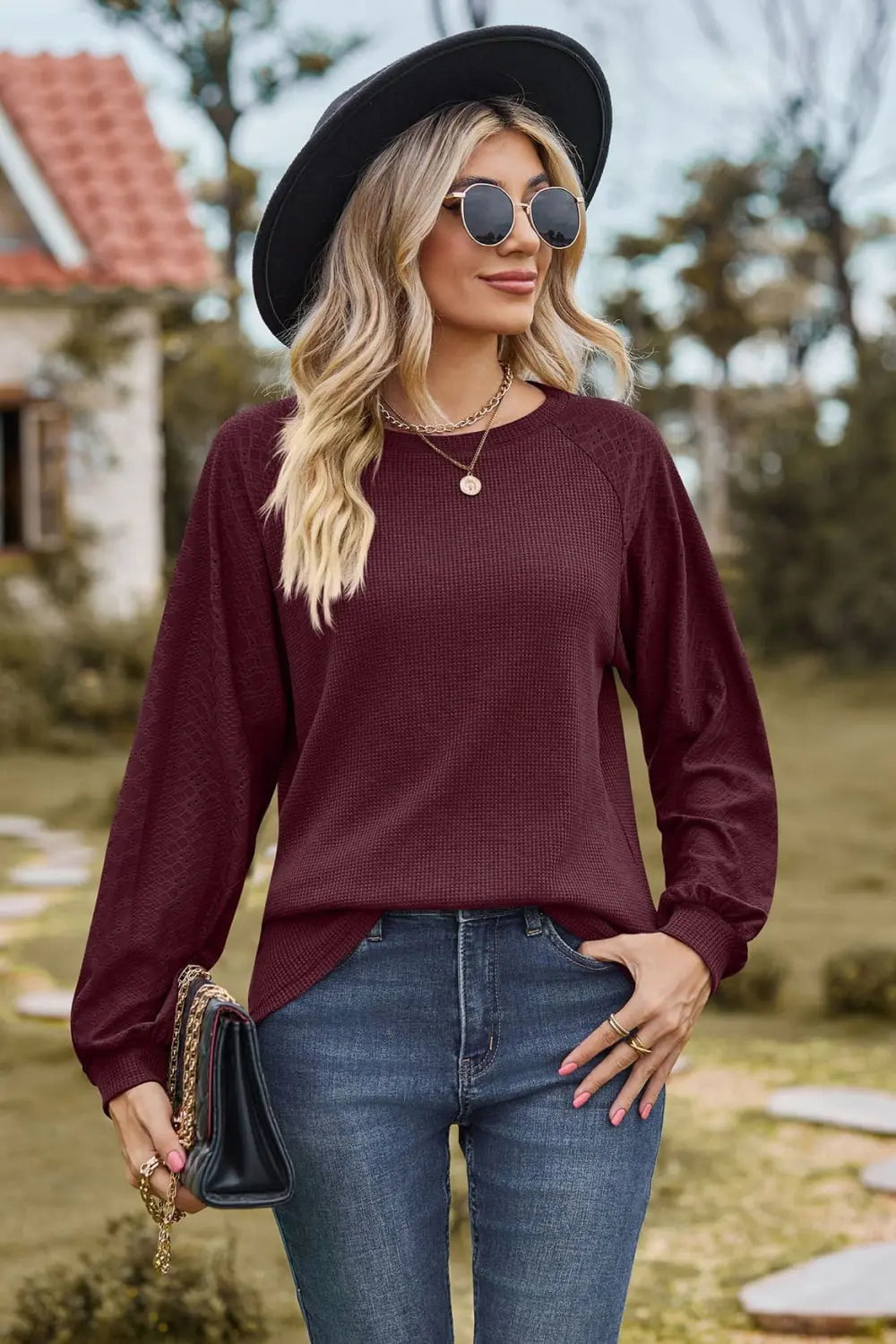 Round Neck Raglan Sleeve Sweatshirt Trendsi