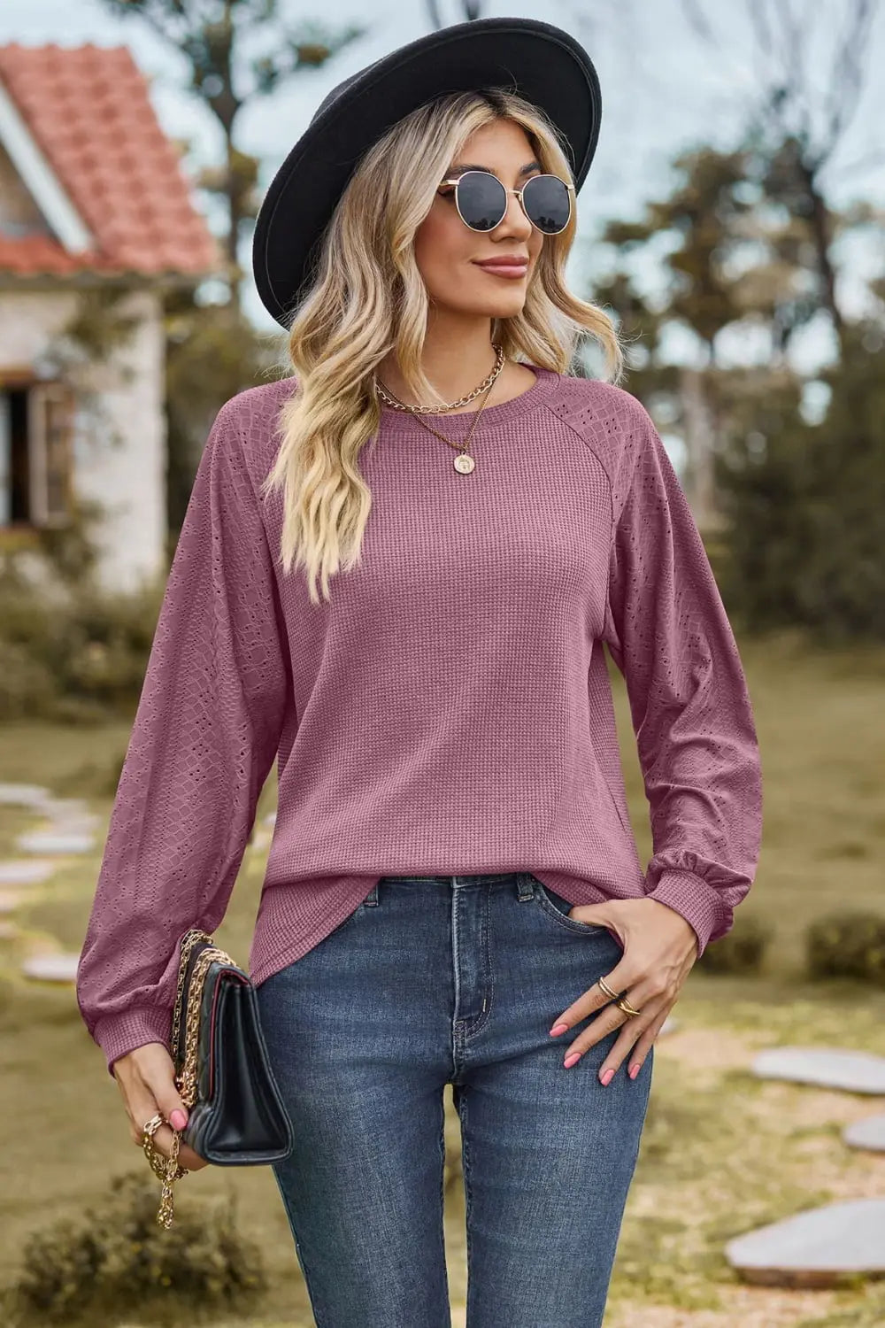 Round Neck Raglan Sleeve Sweatshirt Trendsi