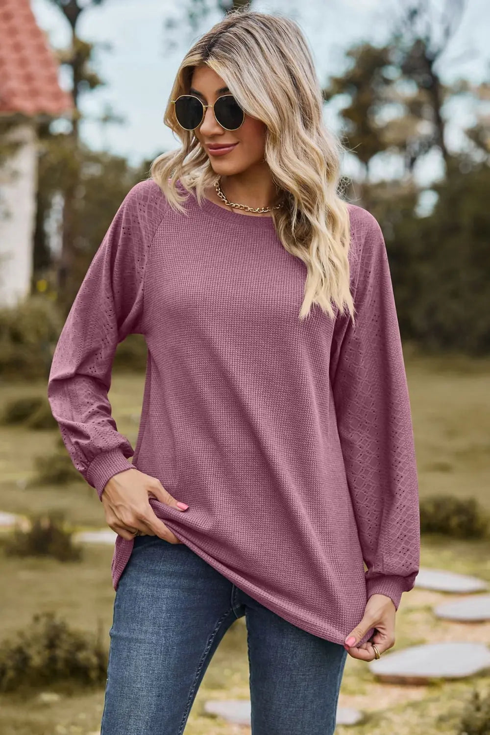 Round Neck Raglan Sleeve Sweatshirt Trendsi