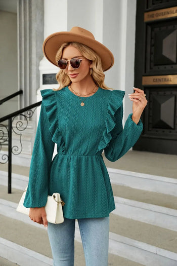 Round Neck Ruffled Peplum Blouse Trendsi