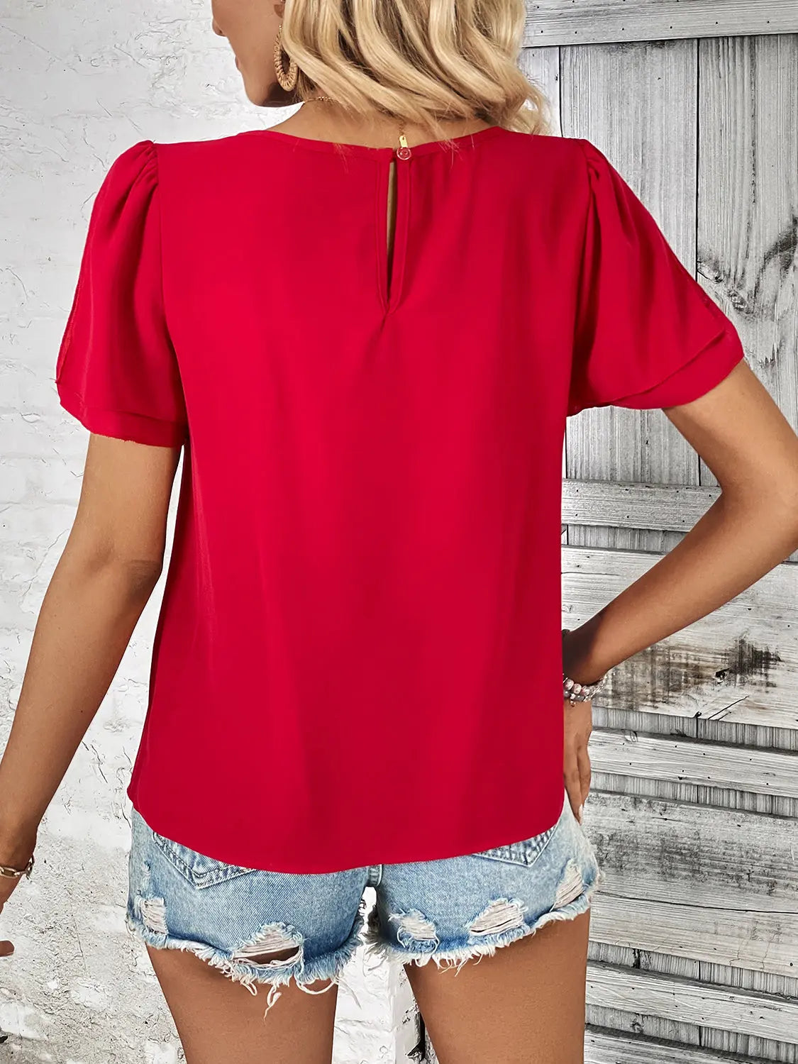 Round Neck Slit Short Sleeve Top Trendsi