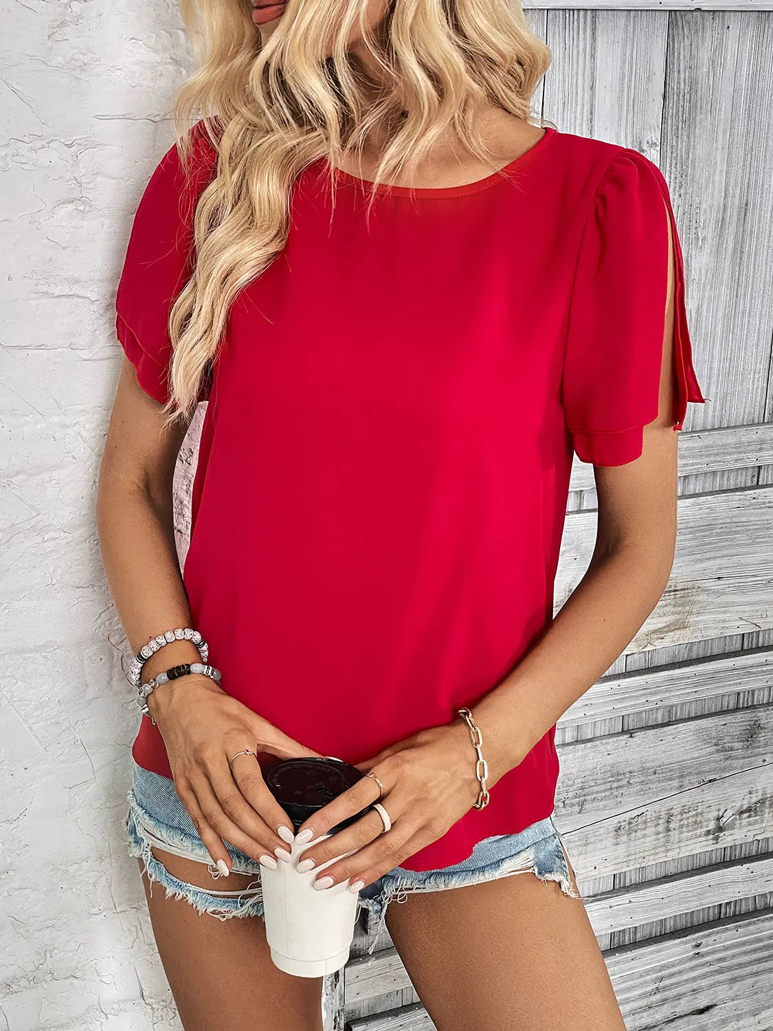 Round Neck Slit Short Sleeve Top Trendsi