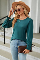 Round Neck Smocked Flounce Sleeve Blouse Trendsi