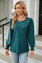 Round Neck Smocked Flounce Sleeve Blouse Trendsi