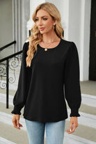 Round Neck Smocked Flounce Sleeve Blouse Trendsi