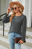 Round Neck Smocked Flounce Sleeve Blouse Trendsi