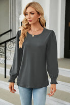 Round Neck Smocked Flounce Sleeve Blouse Trendsi