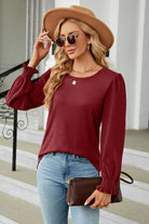 Round Neck Smocked Flounce Sleeve Blouse Trendsi