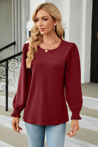 Round Neck Smocked Flounce Sleeve Blouse Trendsi