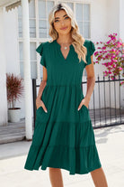 Ruched Notched Cap Sleeve Dress Trendsi