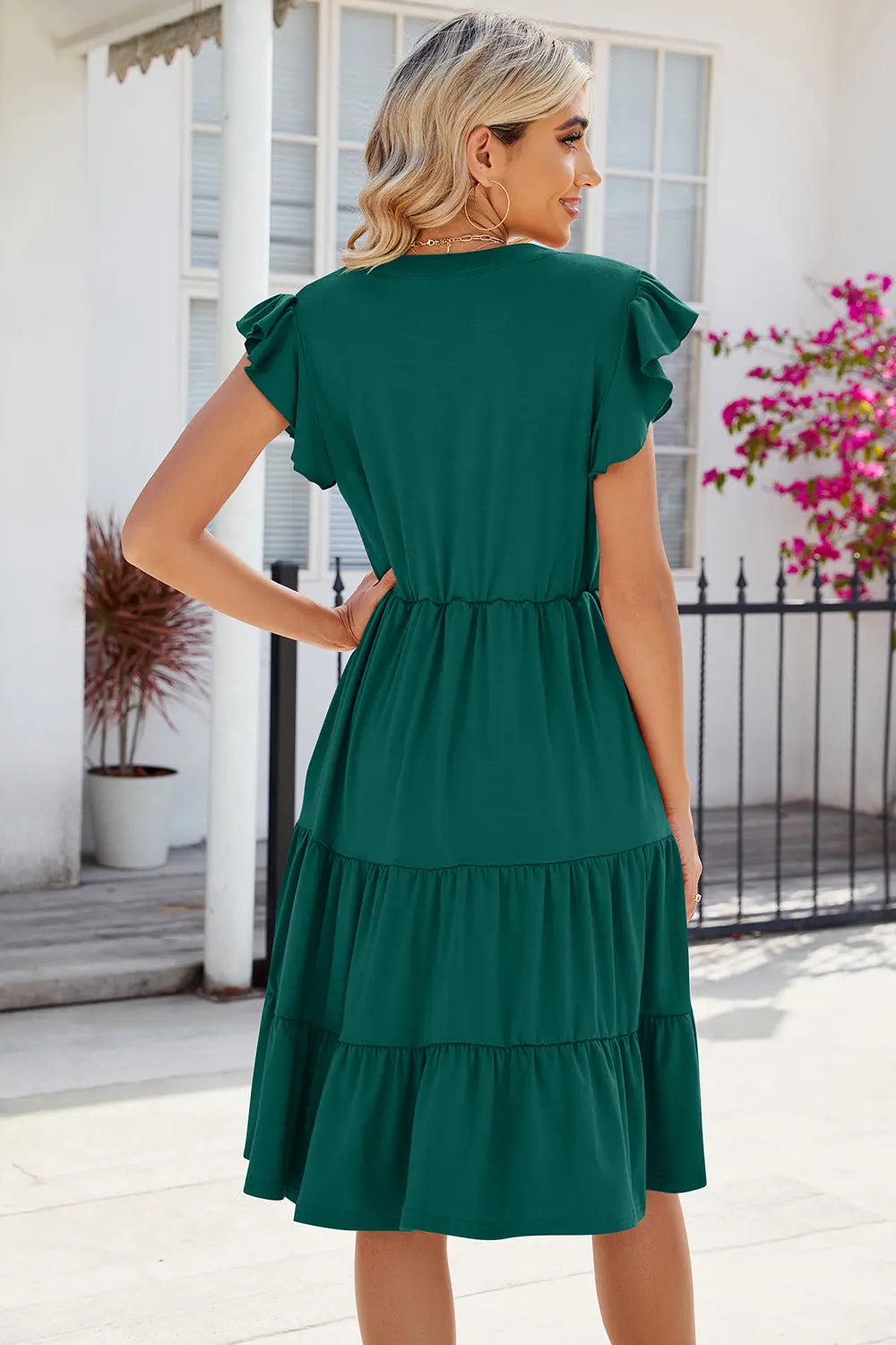 Ruched Notched Cap Sleeve Dress Trendsi