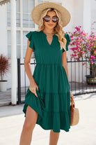 Ruched Notched Cap Sleeve Dress Trendsi