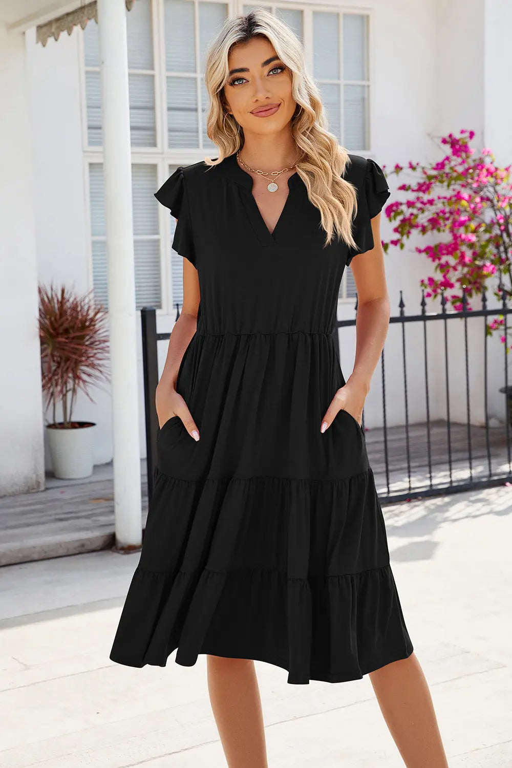 Ruched Notched Cap Sleeve Dress Trendsi