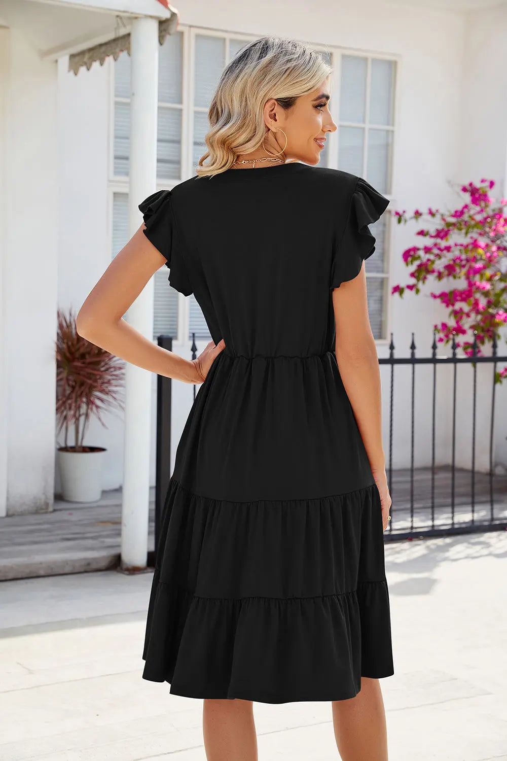 Ruched Notched Cap Sleeve Dress Trendsi