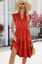 Ruched Notched Cap Sleeve Dress Trendsi