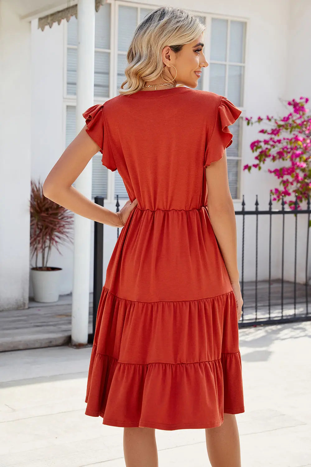 Ruched Notched Cap Sleeve Dress Trendsi