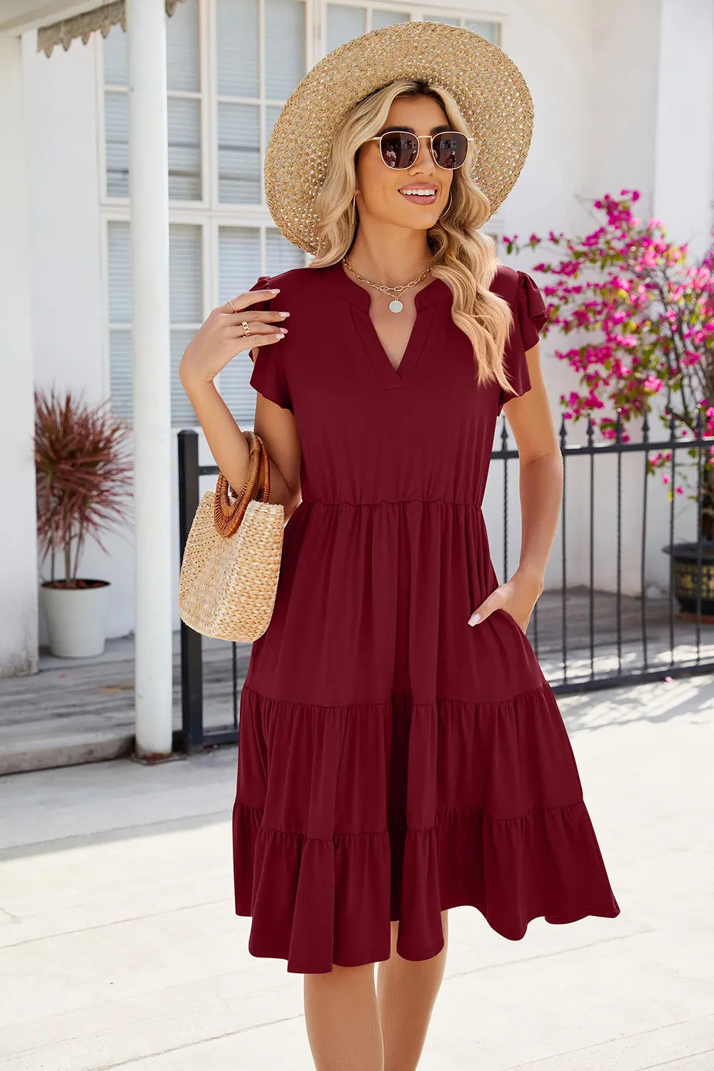 Ruched Notched Cap Sleeve Dress Trendsi