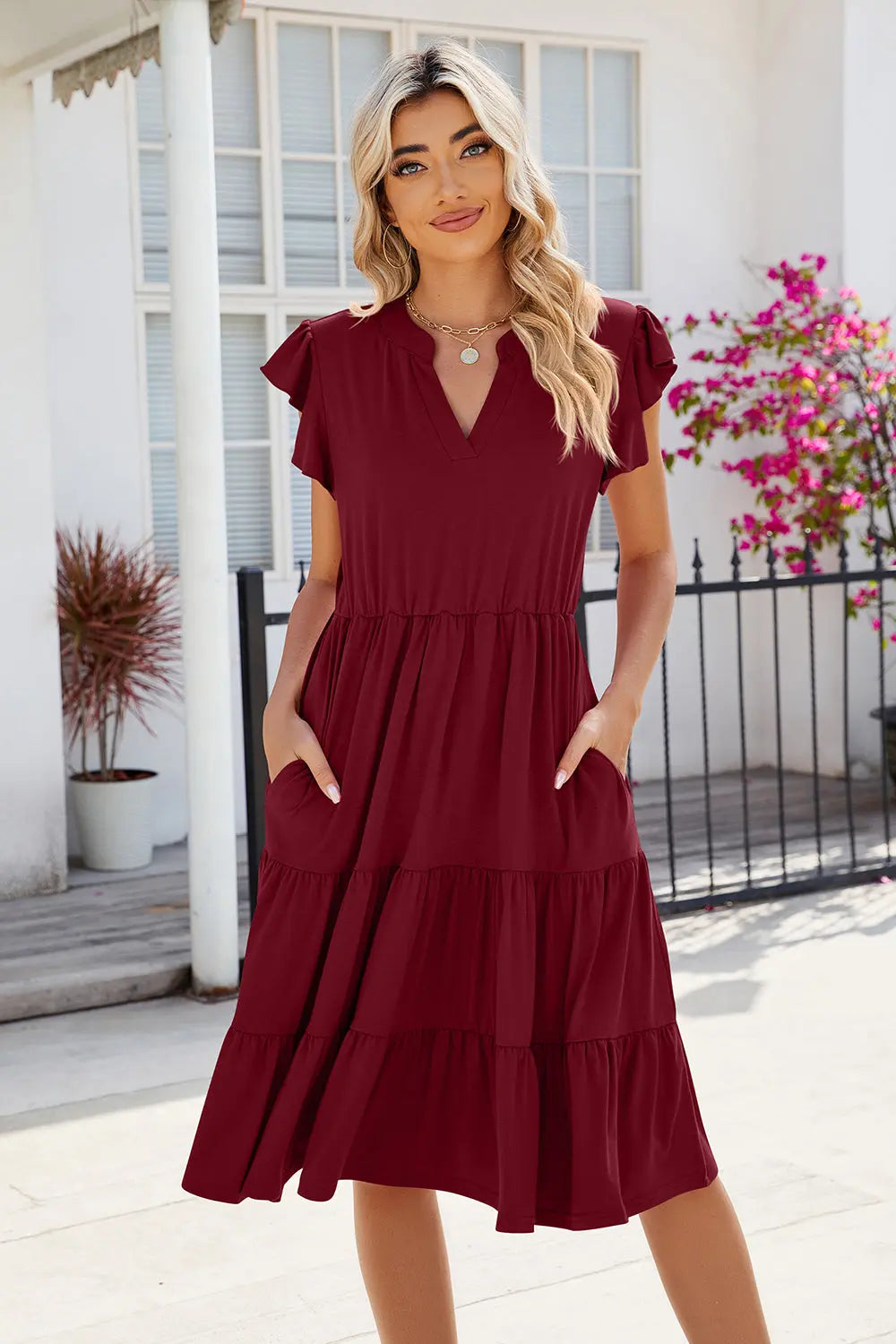 Ruched Notched Cap Sleeve Dress Trendsi