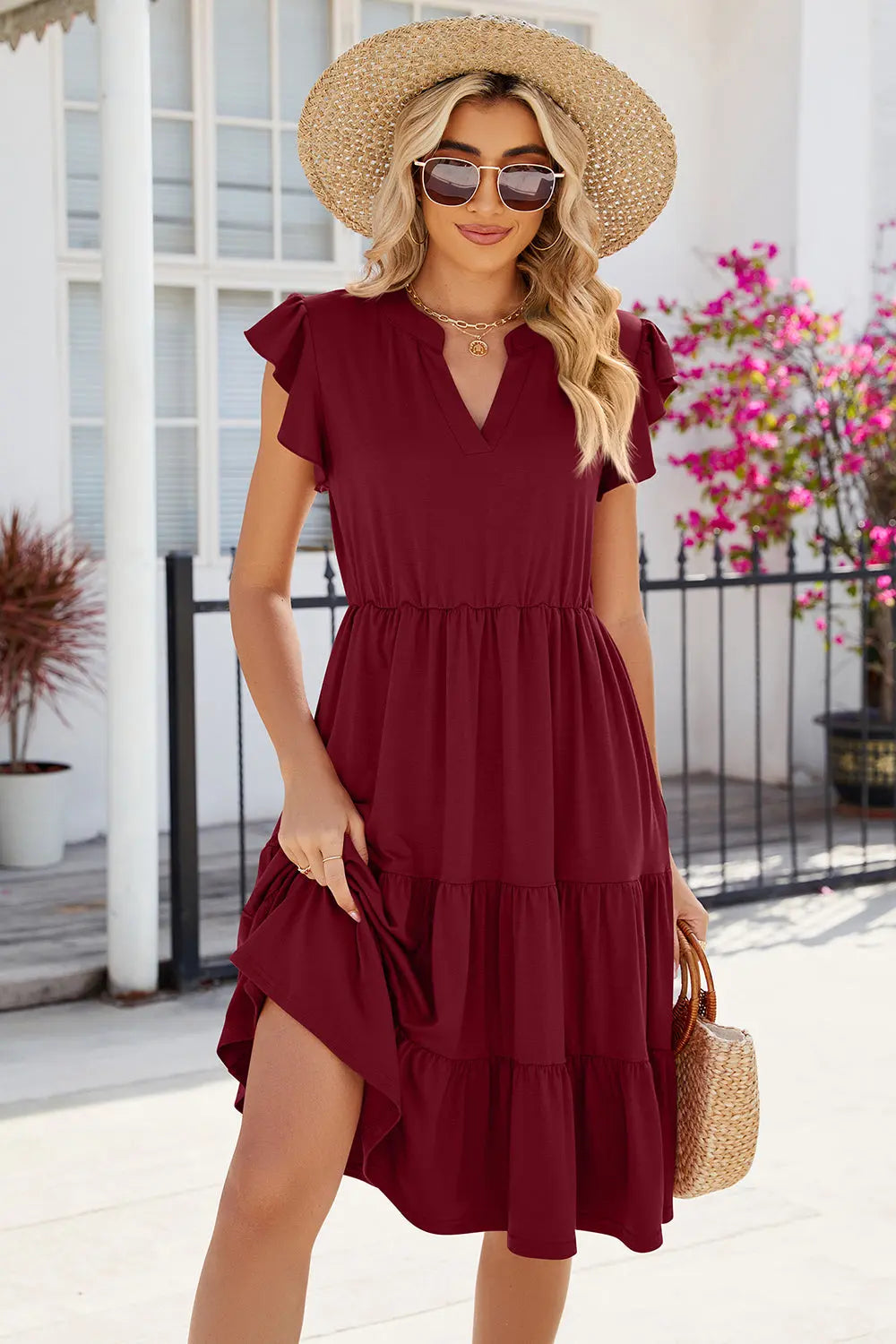 Ruched Notched Cap Sleeve Dress Trendsi