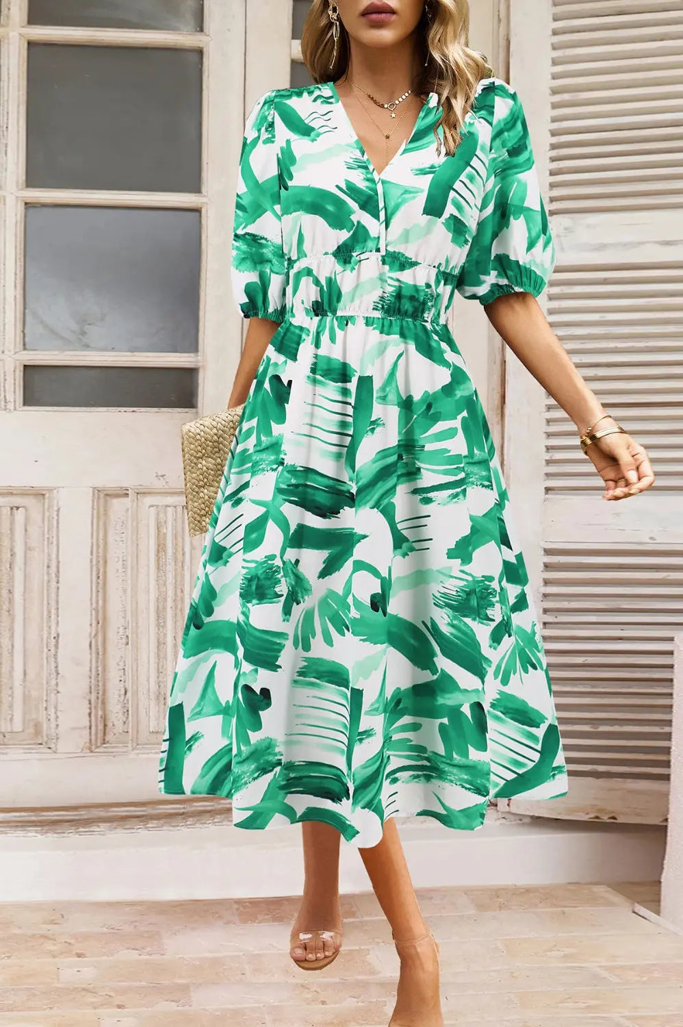 Ruched Printed Surplice Short Sleeve Dress Trendsi