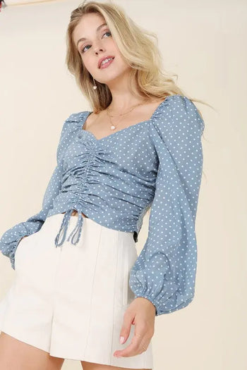 Ruched polka dot crop top with puff sleeves Lilou