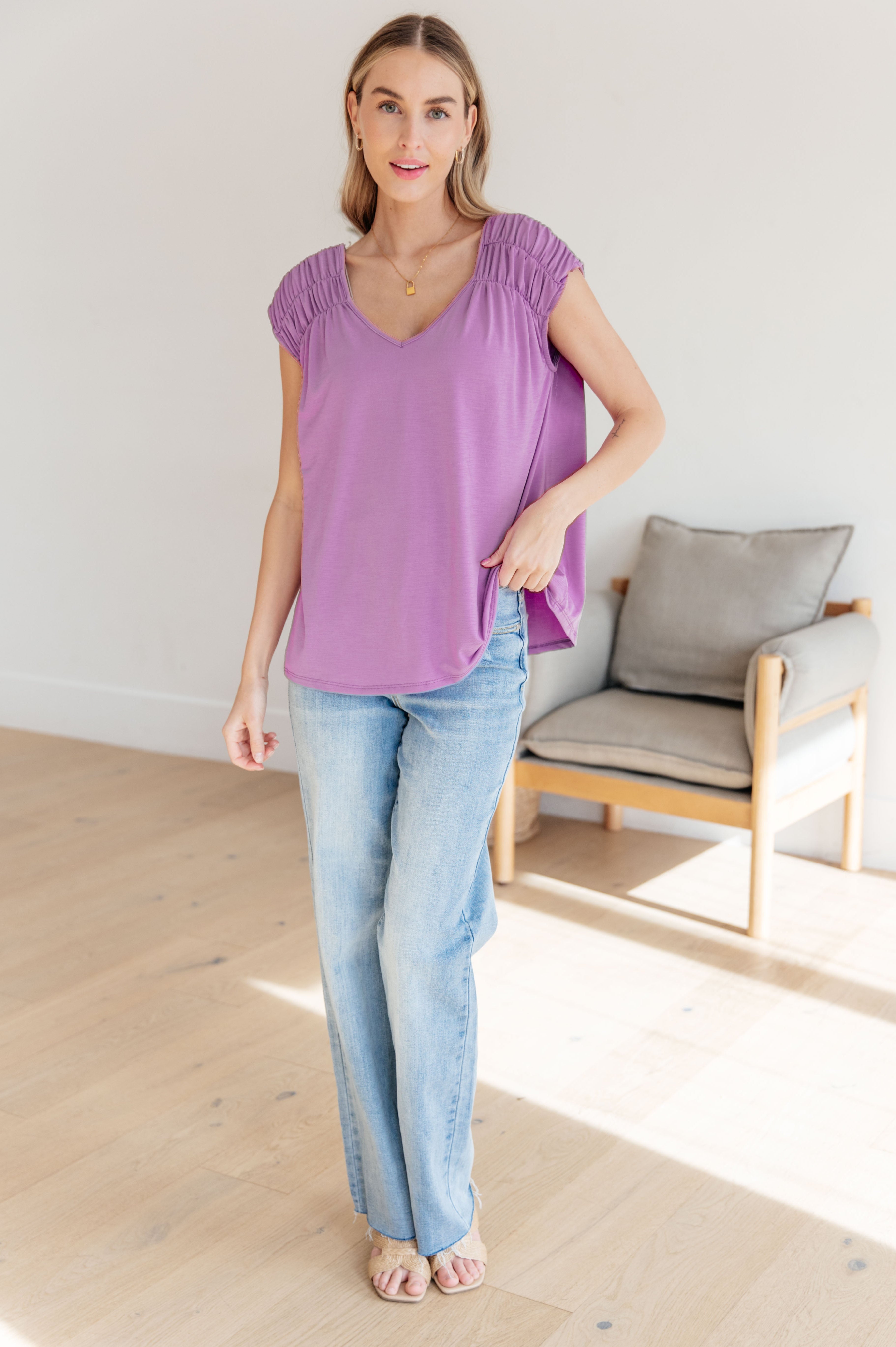 Ruched Cap Sleeve Top in Lavender Ave Shops