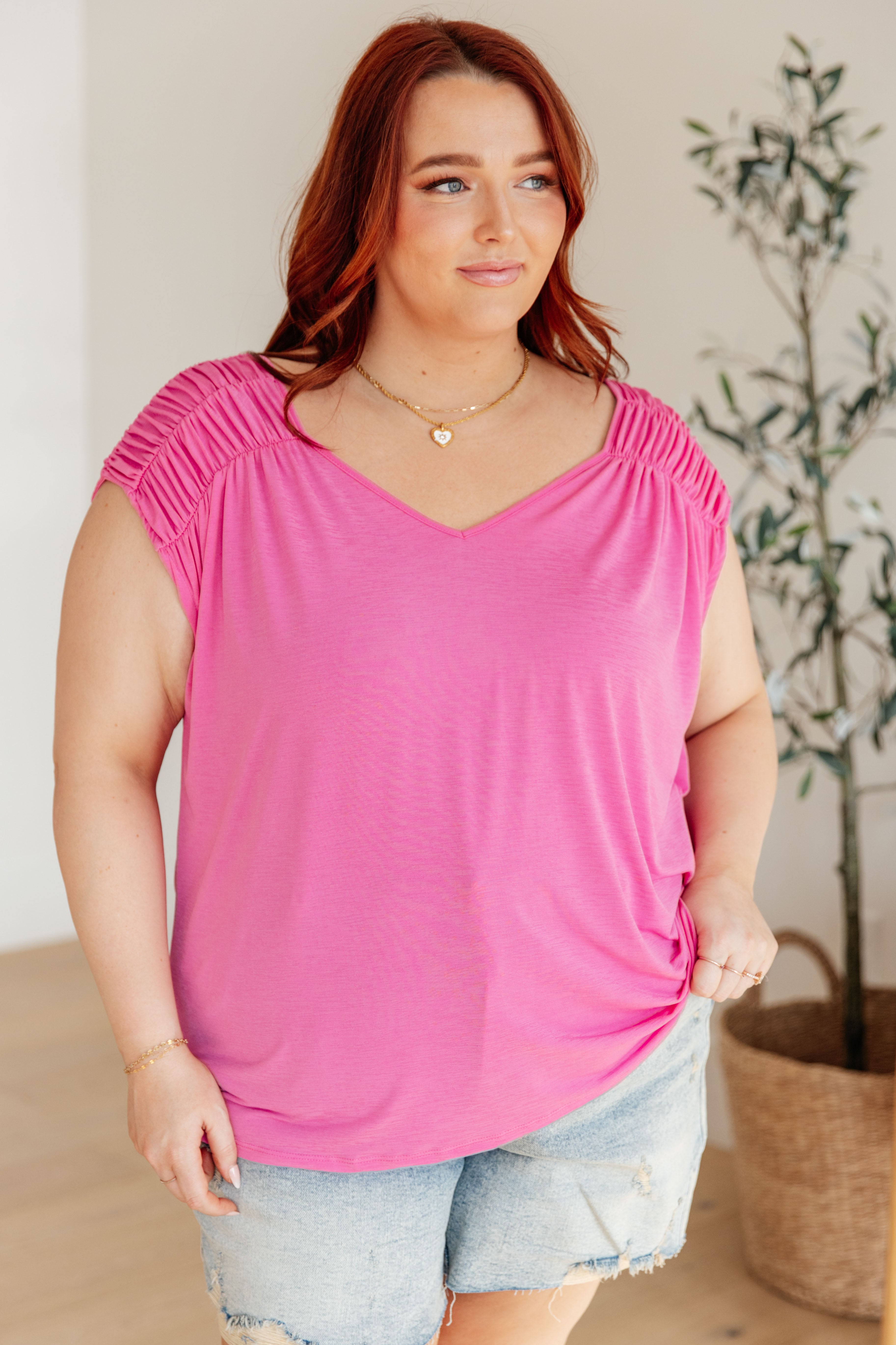 Ruched Cap Sleeve Top in Magenta Ave Shops