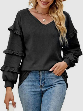 Ruffled V-Neck Long Sleeve T-Shirt Trendsi