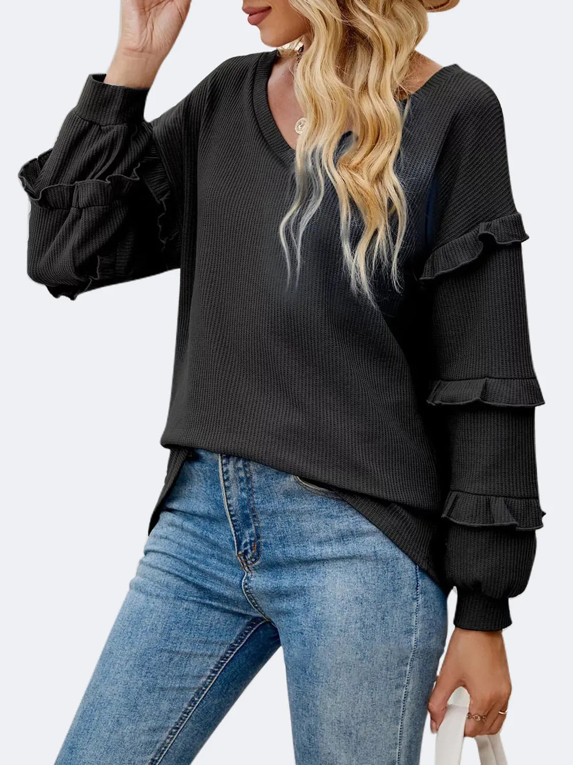 Ruffled V-Neck Long Sleeve T-Shirt Trendsi