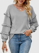 Ruffled V-Neck Long Sleeve T-Shirt Trendsi