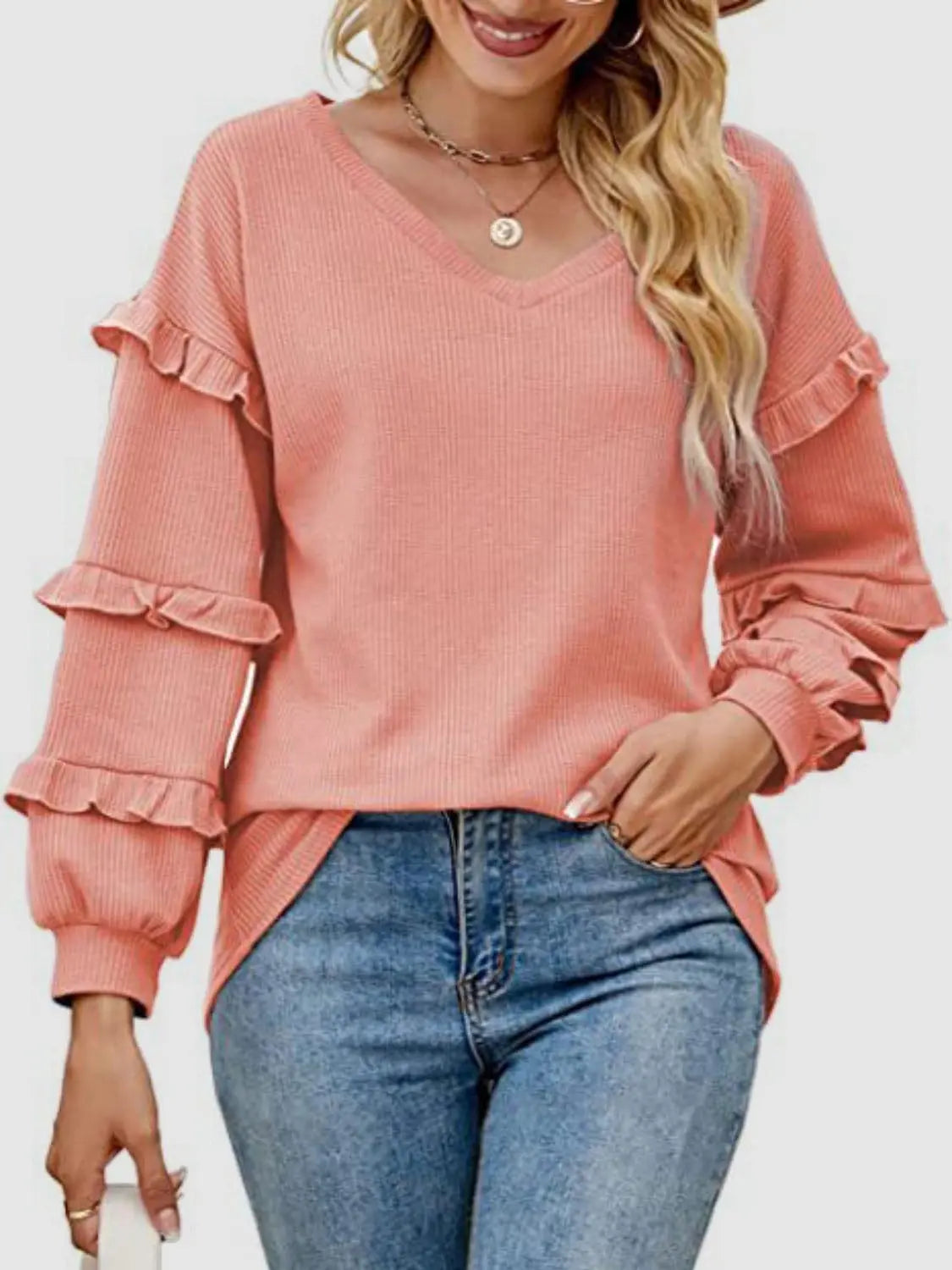 Ruffled V-Neck Long Sleeve T-Shirt Trendsi