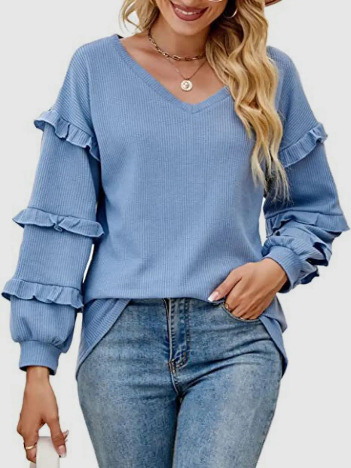 Ruffled V-Neck Long Sleeve T-Shirt Trendsi