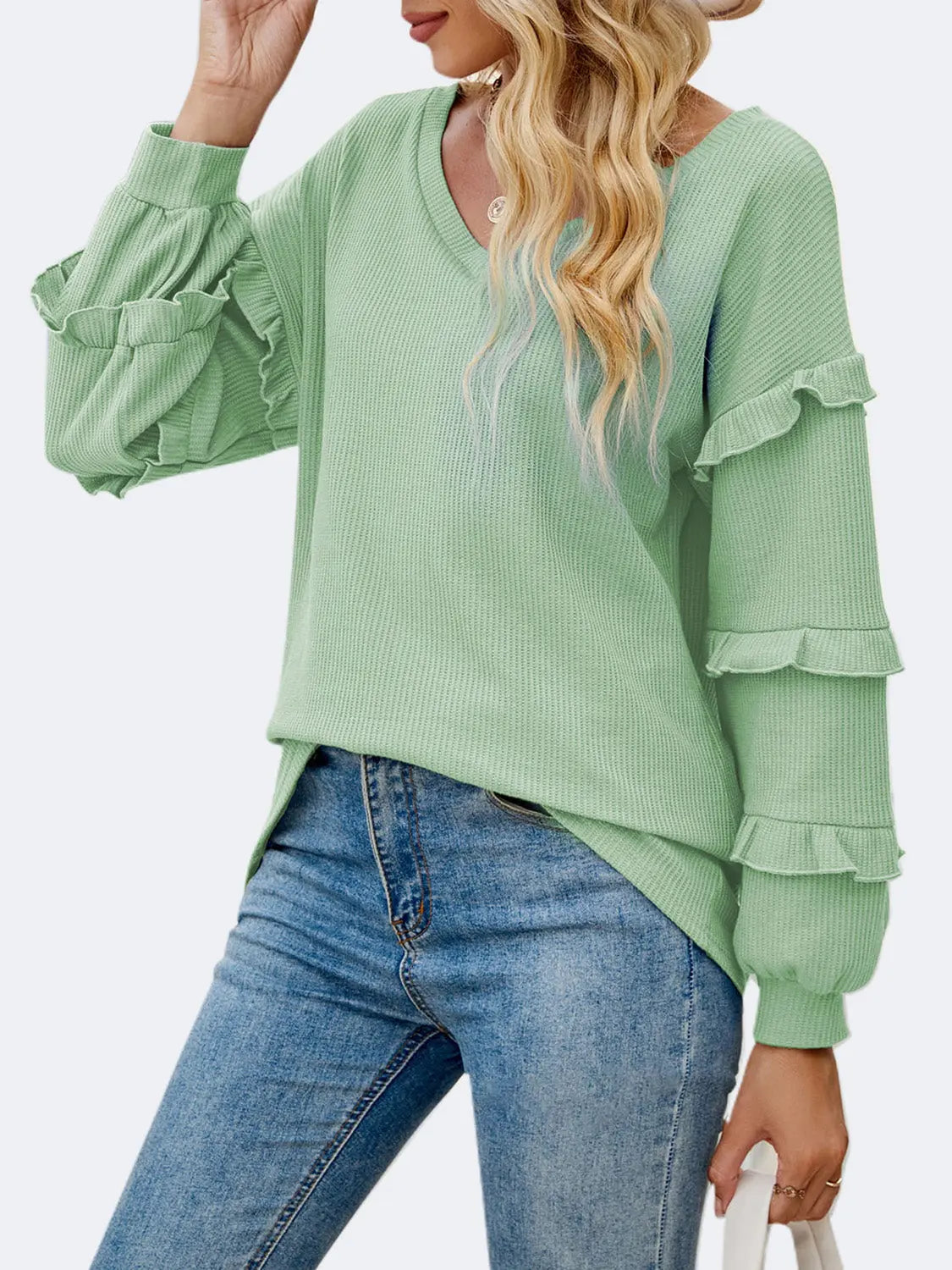 Ruffled V-Neck Long Sleeve T-Shirt Trendsi