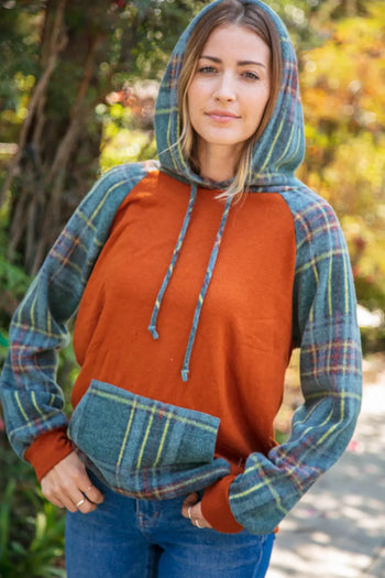 Rust Cashmere Feel Plaid Raglan Hoodie Haptics