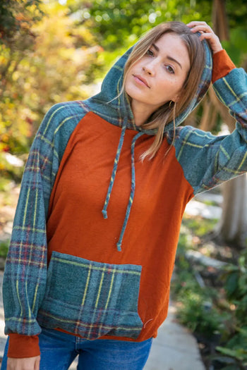 Rust Cashmere Feel Plaid Raglan Hoodie Haptics