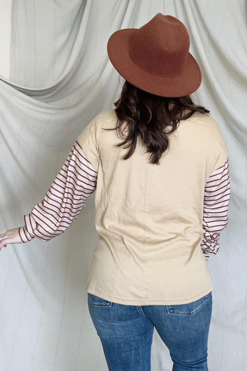 Round Neck Colorblock Striped Bishop Sleeve Top Kiwidrop