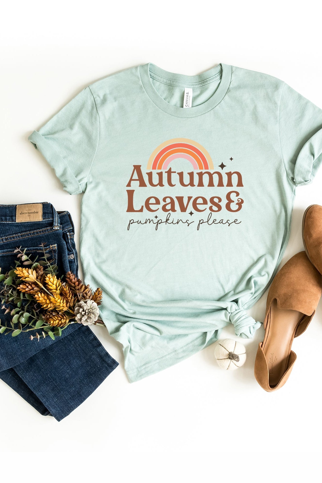 Autumn Leaves Rainbow | Short Sleeve Crew Neck Olive and Ivory Retail